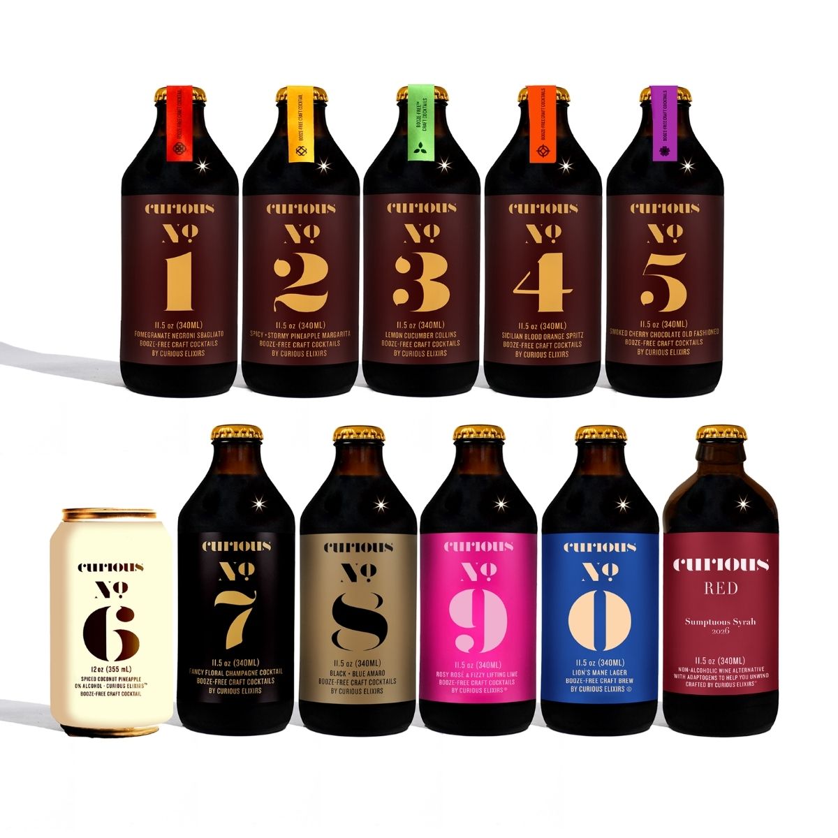 Collection of Curious Elixirs bottles and cans with colorful labels on a white background